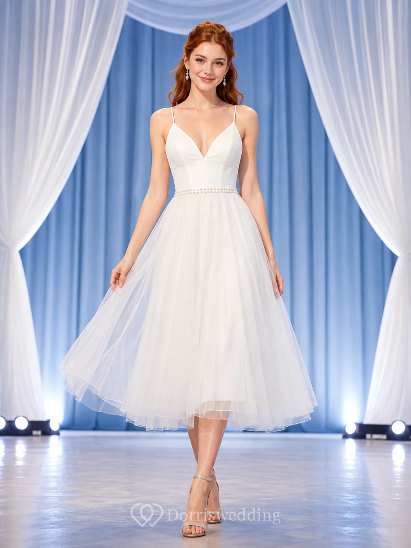White V Neck Tulle Tea Length Graduation Dress