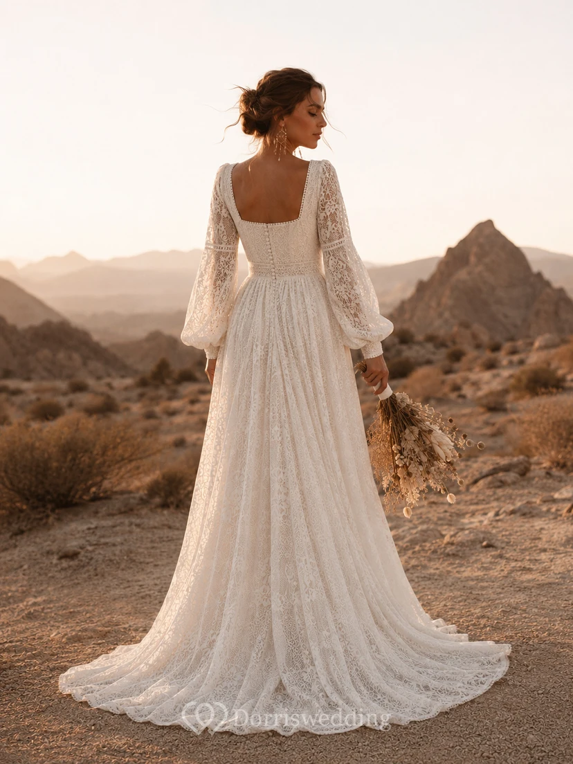 Boho Lace Wedding Dress with Square Neckline, Long Bishop Sleeves & Flowing A-Line Train view 2