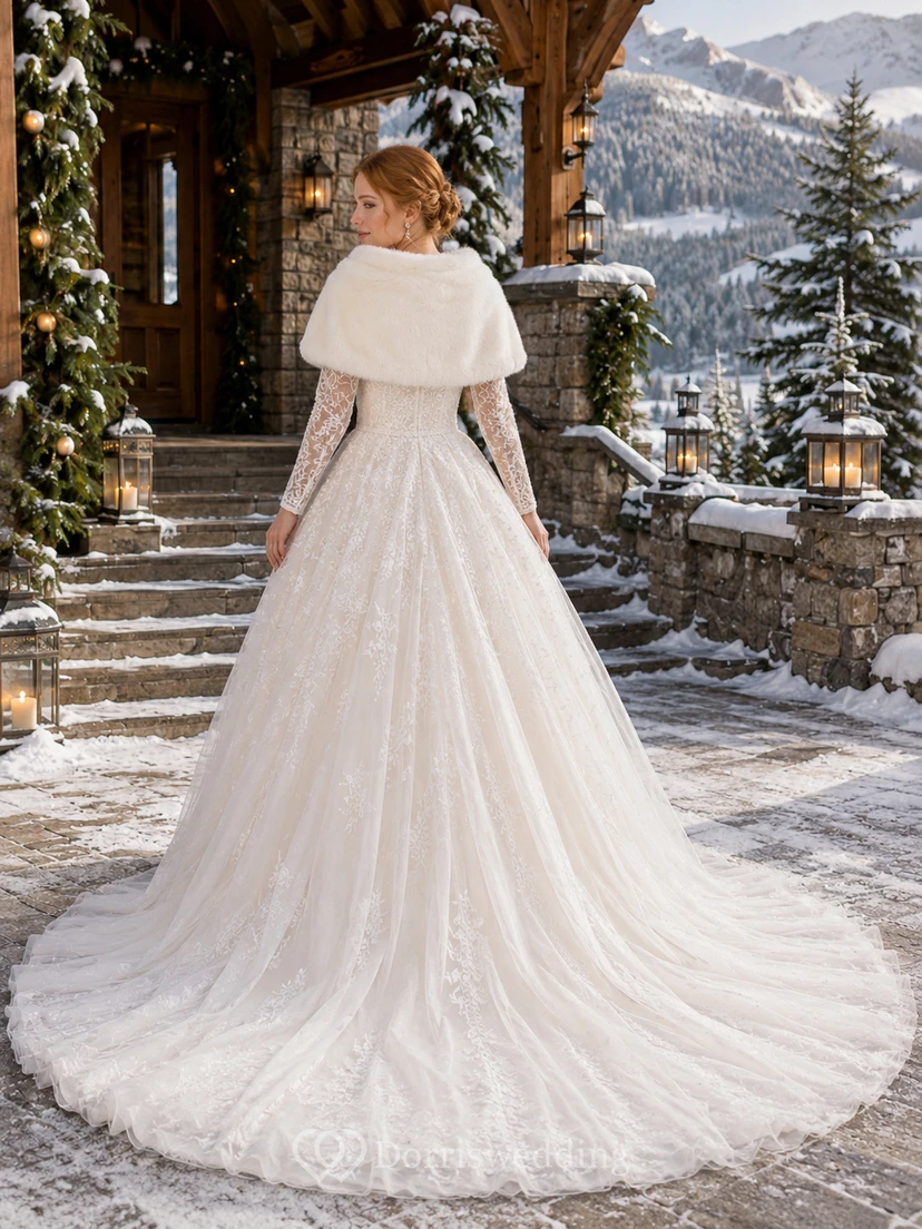 Winterliches Pelzschal-Tüll-Ballkleid, trägerlos, Hochzeitskleid view 2