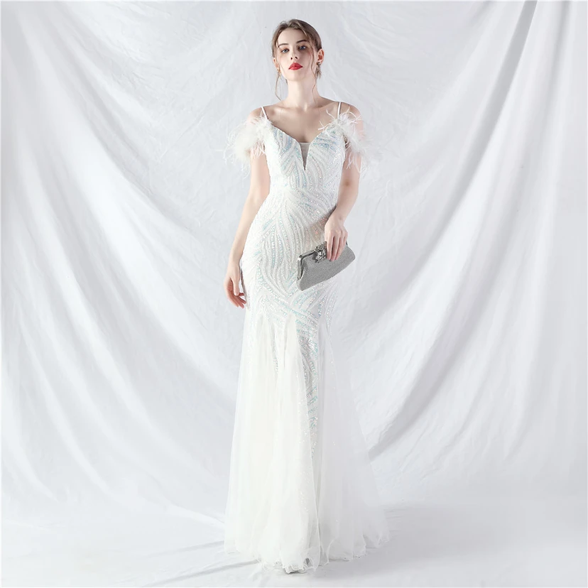 Crafted Ostrich Feather Stacked Sequins Splicing Mesh Gauze High-End Evening Dress Clothes view 65