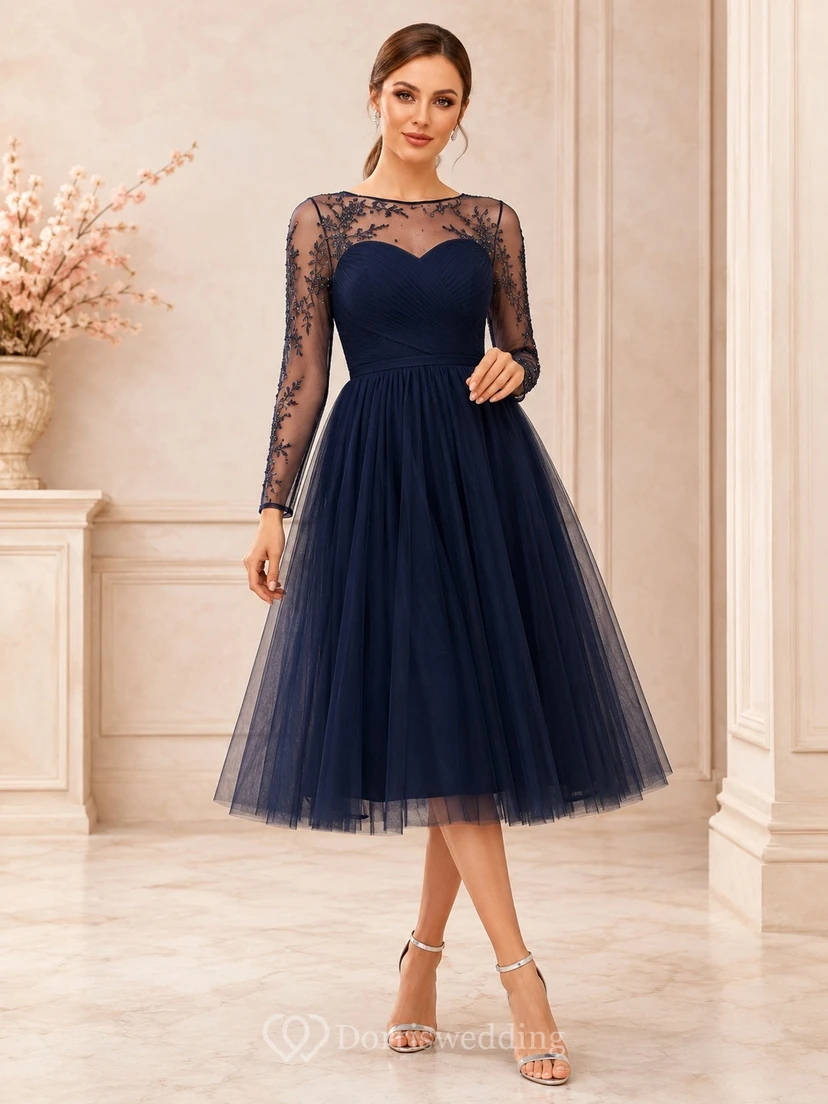 Modest Dark Navy Illusion Long Sleeve Lace Tulle Tea-Length Cocktail Dress