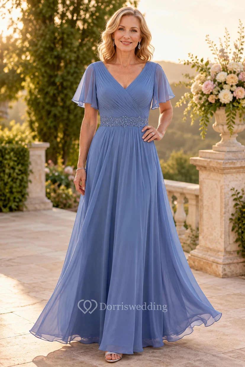 Robe mère bleu acier en mousseline de soie, col en V, coupe trapèze, manches papillon
