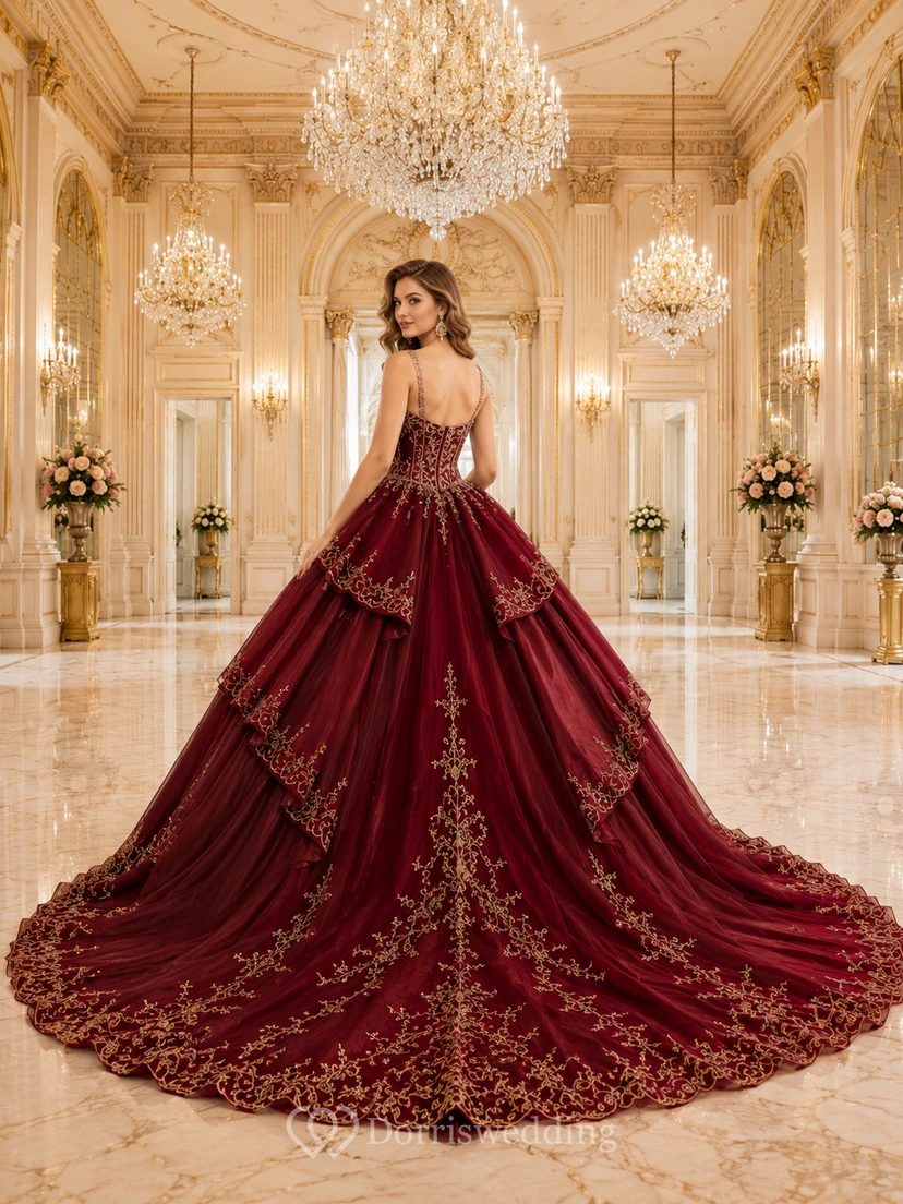 Robe de bal de princesse de luxe pour quinceañera, en dentelle dorée bordeaux à volants superposés, idéale pour une grande salle de bal. view 2