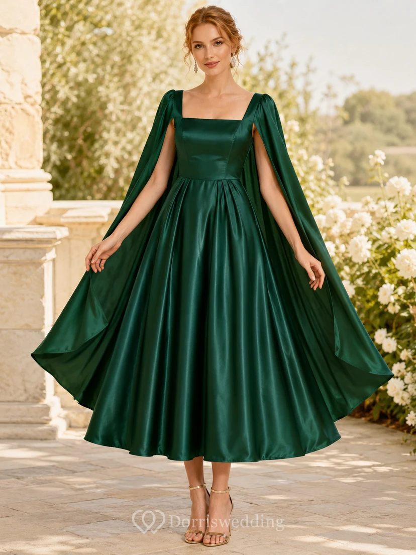 Dark Green Square Neck Long Cape Sleeve Satin A-Line Midi Guest Dress