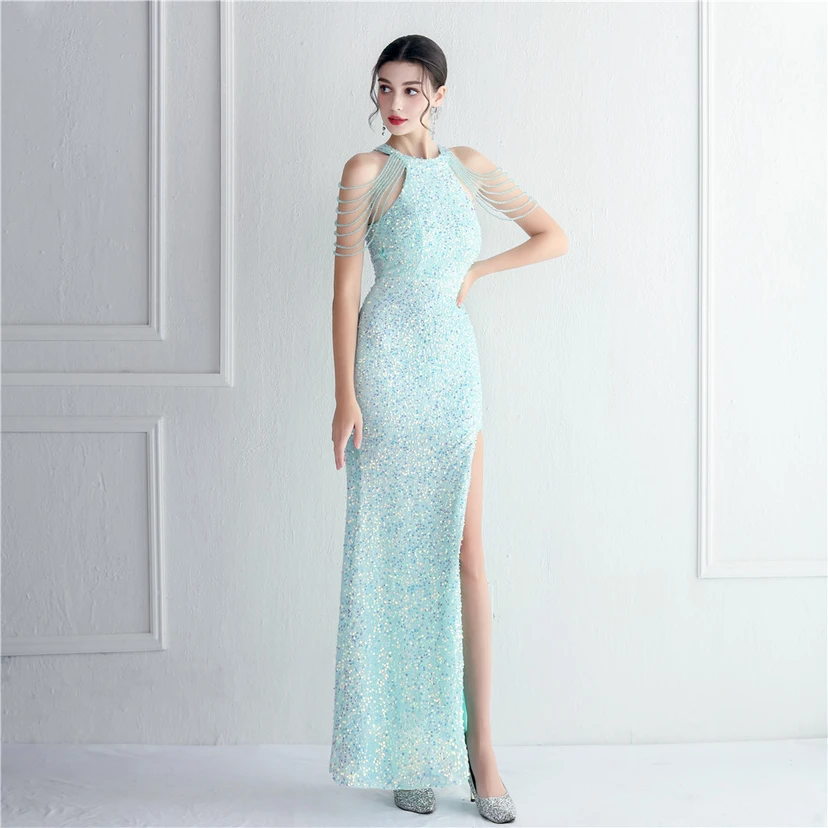 Heavy-Duty Glass Bead Craft Beaded Banquet Evening Dress Temperament Elegant Long Halter Neck Slit Sequins view 4