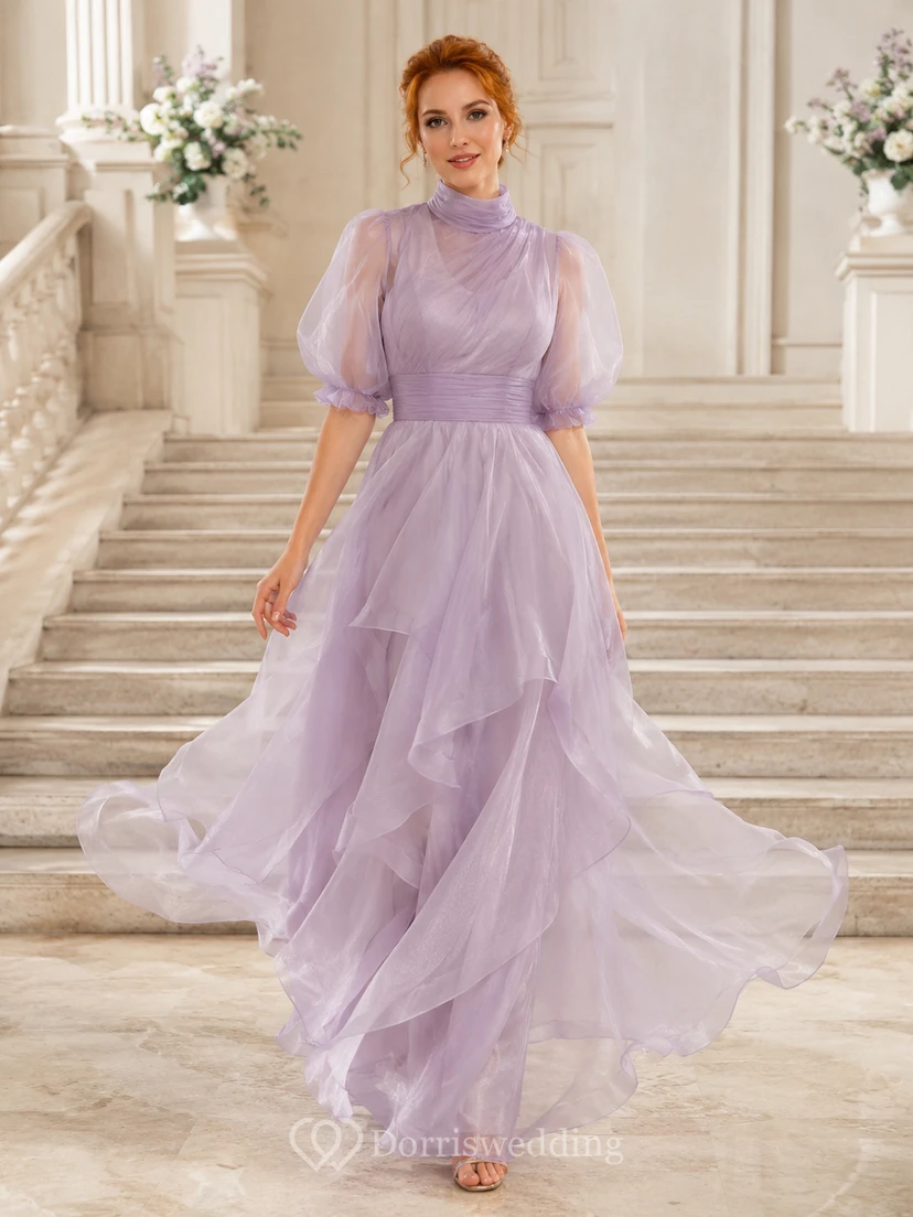 Lilafarbenes, mehrlagiges Organza-Abendkleid mit Puffärmeln