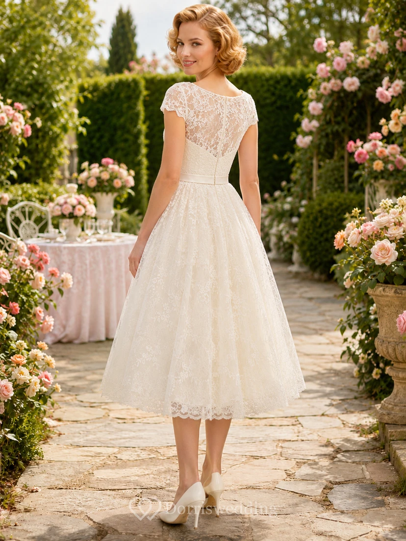 Brautkleid im Gartenstil der 1950er Jahre mit kurzen Ärmeln, Spitze und Teelänge view 2
