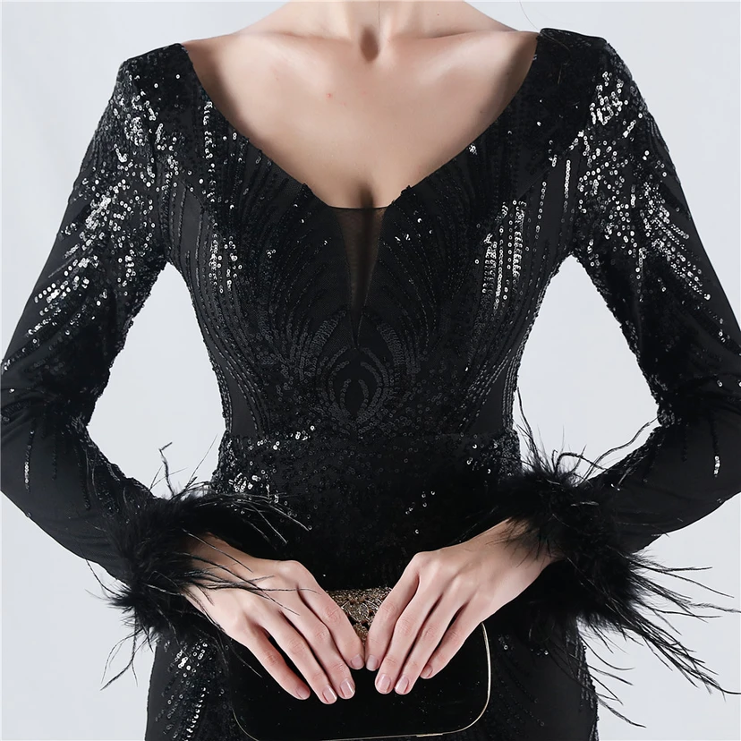 Robe de soirée haut de gamme ornée de perles florales fixes et de poils d'autruche, hôte de la réunion annuelle d'hiver view 35