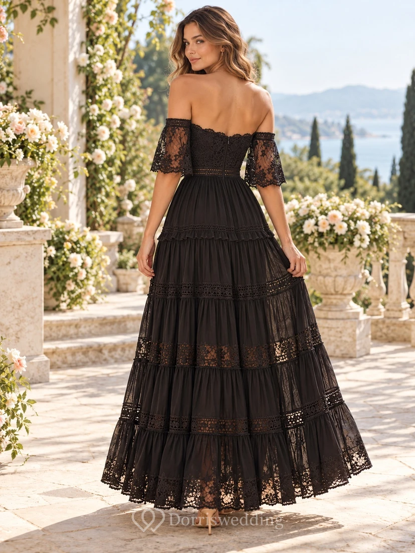 Boho Black Off Shoulder Lace Sleeve Tiered Long Guest Dress view 2
