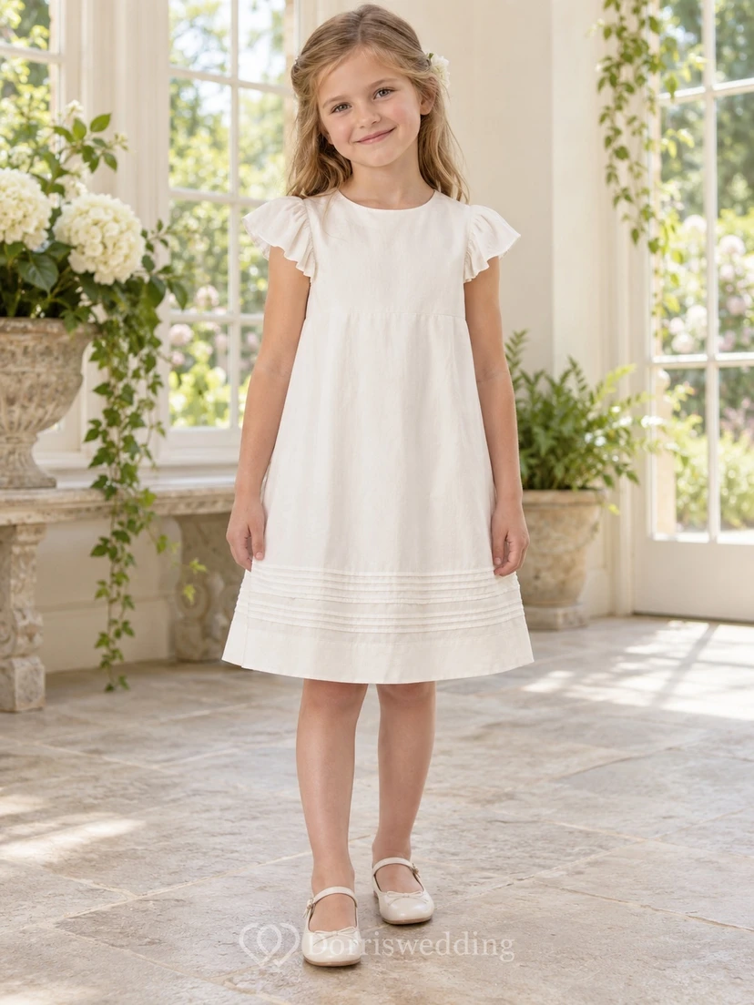 Simple Ivory Knee-length Jewel Short Flutter Sleeves Pintucked-hem Empire Button-back Flower Girl Dress