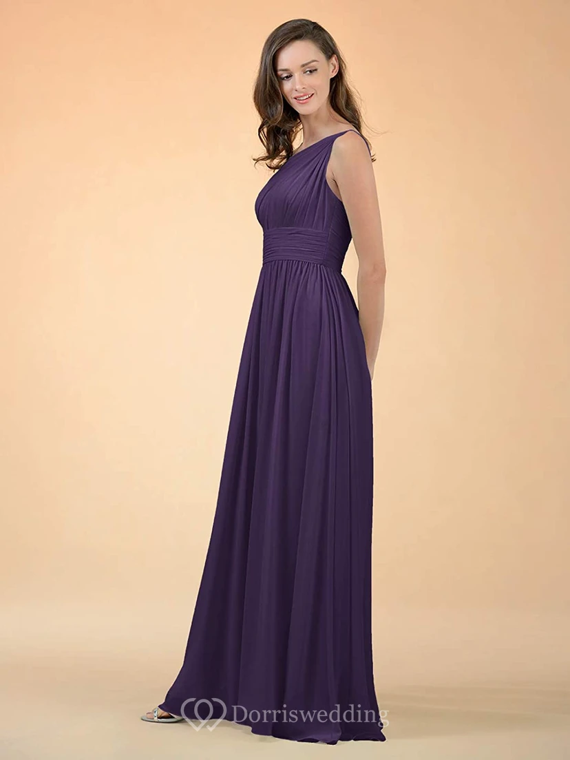 Simple One-shoulder A Line Sleeveless Floor-length Chiffon Bridesmaid Dress With Ruching view 14
