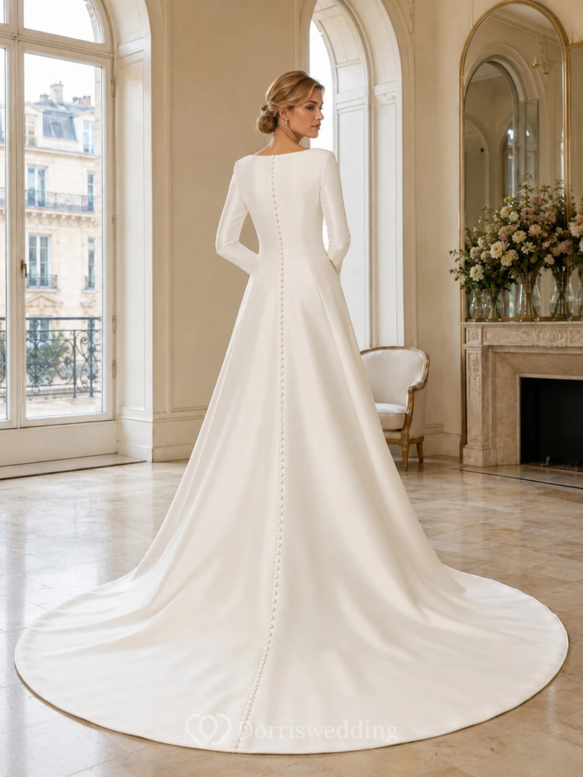 Schlichtes Brautkleid aus Satin in A-Linie mit U-Boot-Ausschnitt, langen Ärmeln und Hofschleppe view 2