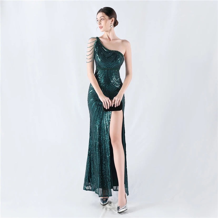Positioning Flower Beaded Craft Beaded One-Shoulder Oblique Collar High Slit Evening Dress view 35