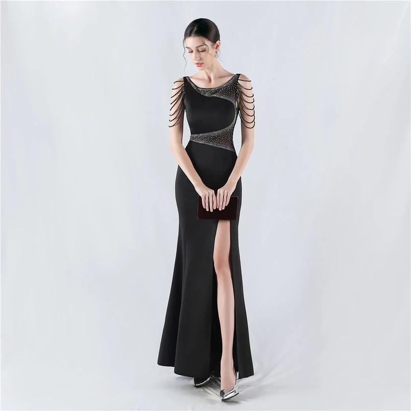 Heavy Hot Diamonds For Transparent Mesh High-Slit Satin Evening Dress Annual Meeting Wedding view 5