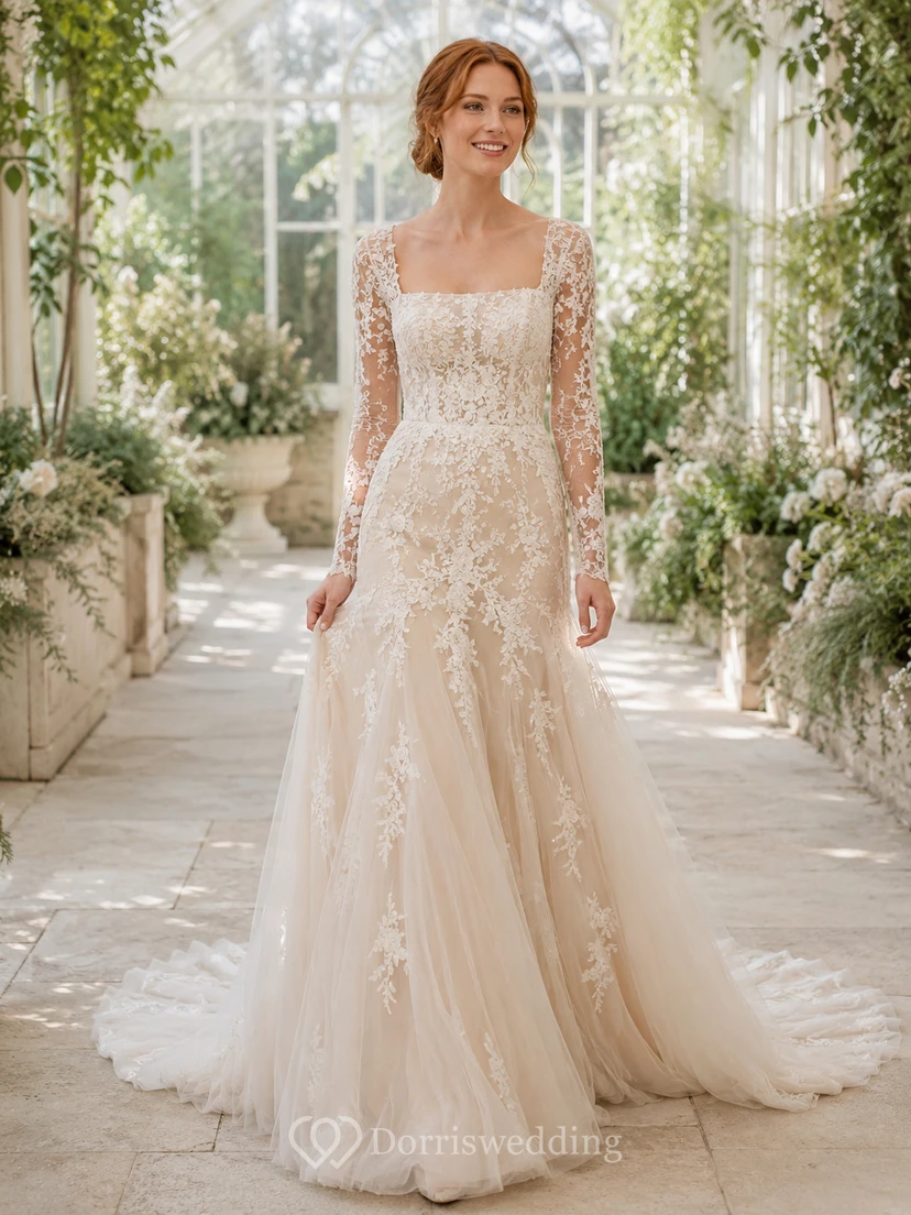 Robe de mariée longue à col en V et manches longues en dentelle, longueur au sol