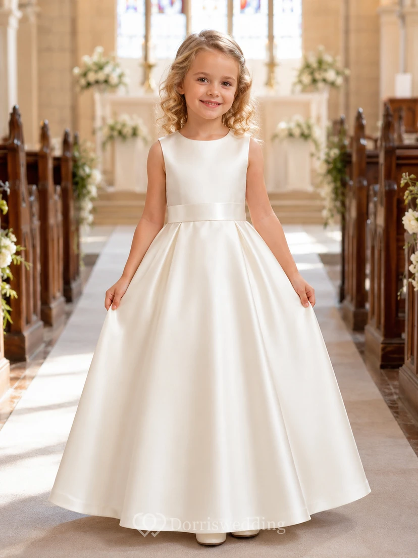 Klassisches A-Linien-Blumenmädchenkleid aus Satin mit Schleife am Rücken