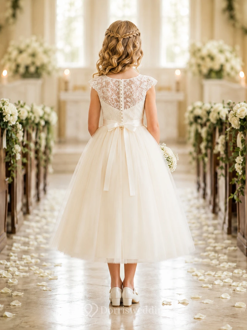 Ivory Lace Illusion Bodice Tulle Flower Girl Dress view 2