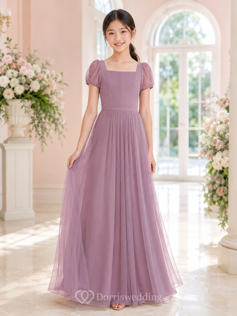 Vintage-Brautjungfernkleid in Mauve, A-Linie, eckig, kurze Ärmel, Puffärmel/Ballonfalten, romantisch