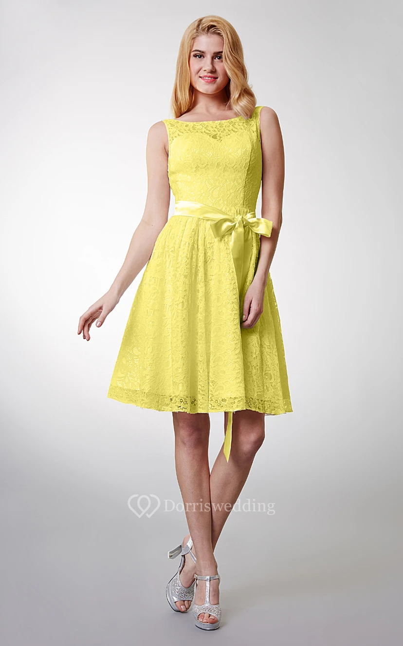 Lovely Sleeveless Short Lace Dress With Bow Sash view 2