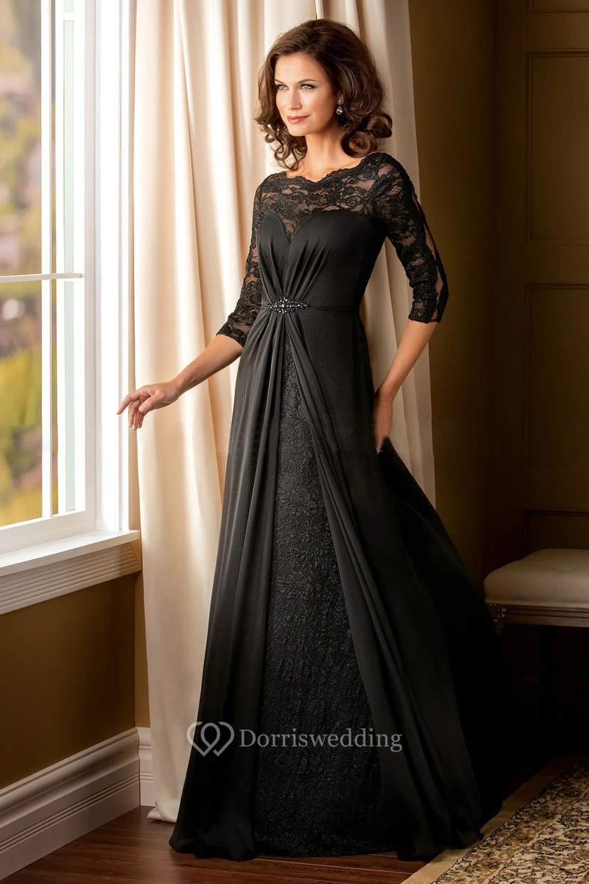 3-4 Sleeved A-Line Mother Of The Bride Dress With Beadings And Illusion Lace Style