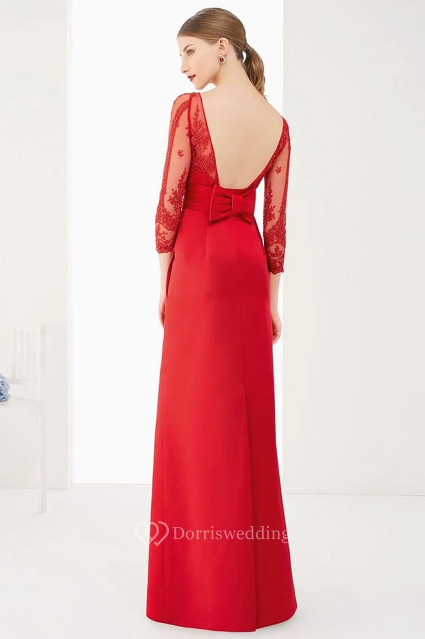 Sheath 3-4-Sleeve Floor-Length Appliqued Bateau-Neck Satin Prom Dress With Bow view 2