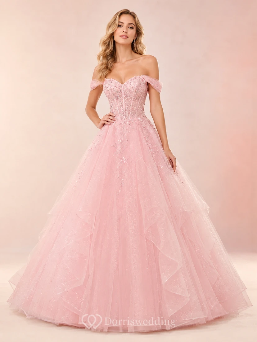 Rosafarbenes, geblümtes, schulterfreies Tüll-Ballkleid, Prinzessinnen-Abendkleid, Empfangskleid