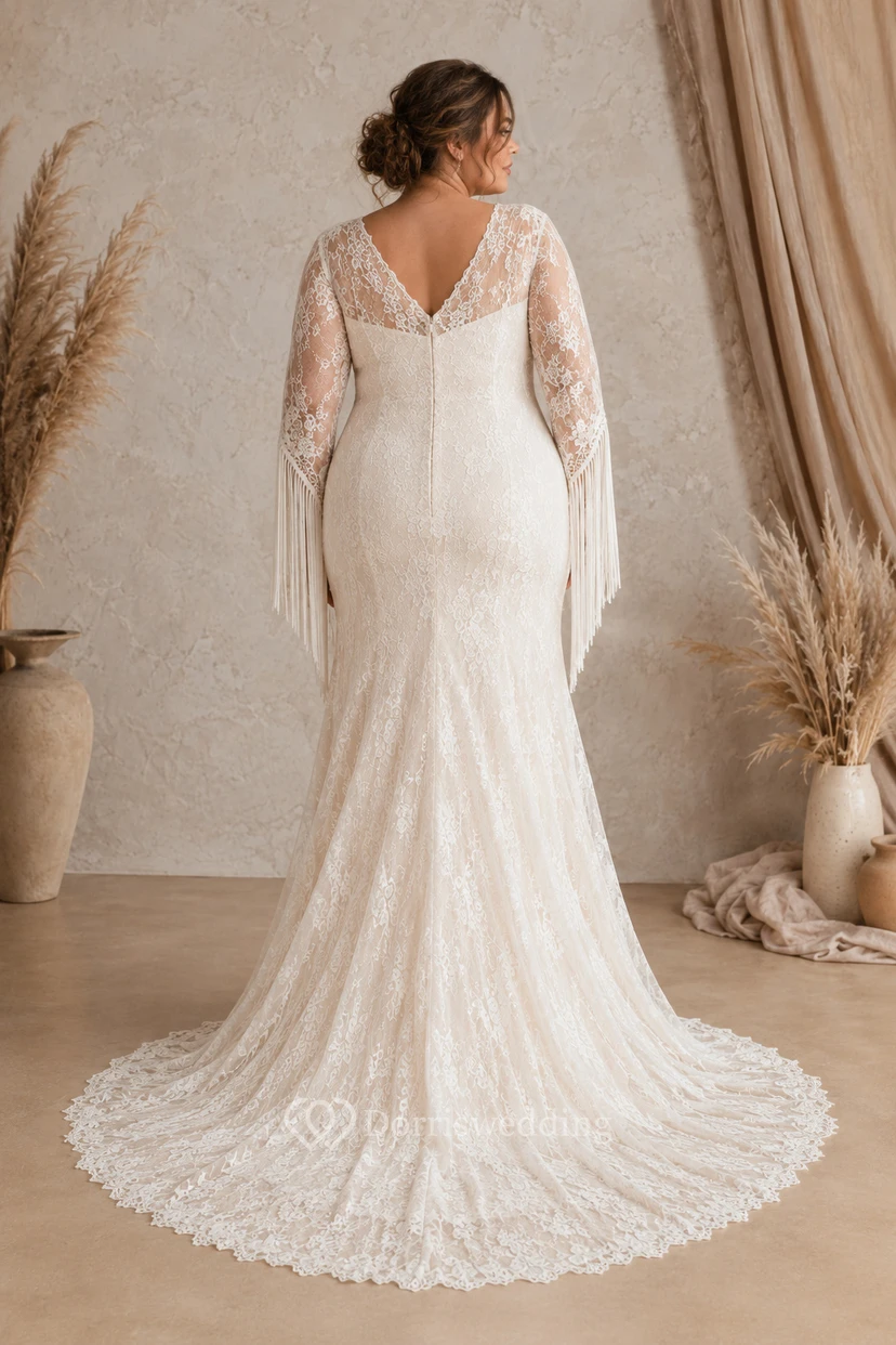 Elfenbeinfarbenes Meerjungfrauen-Brautkleid in Übergröße mit langen Ärmeln, Spitze und V-Ausschnitt view 2