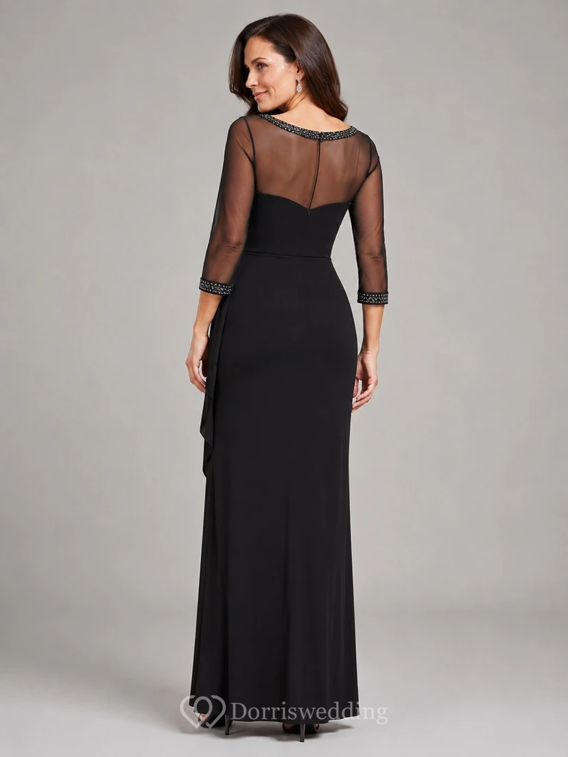 Modest Black Bateau Illusion Sleeve Sheath Floor-Length Evening Dress view 2