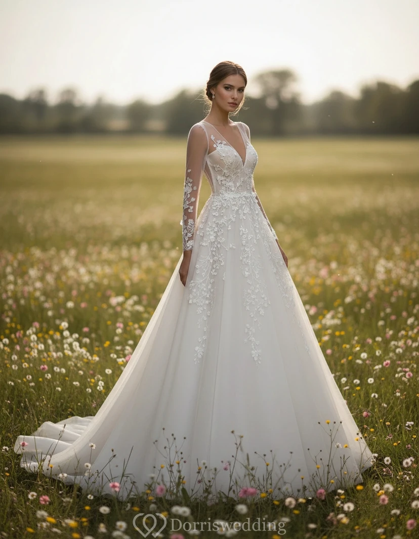 Deep V-Neck Long Sleeve Lace Tulle Ball Gown Wedding Dress