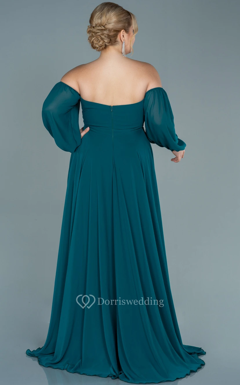 Off-the-shoulder Sweetheart Empire Plus Size Chiffon Front Split Evening Dress view 10