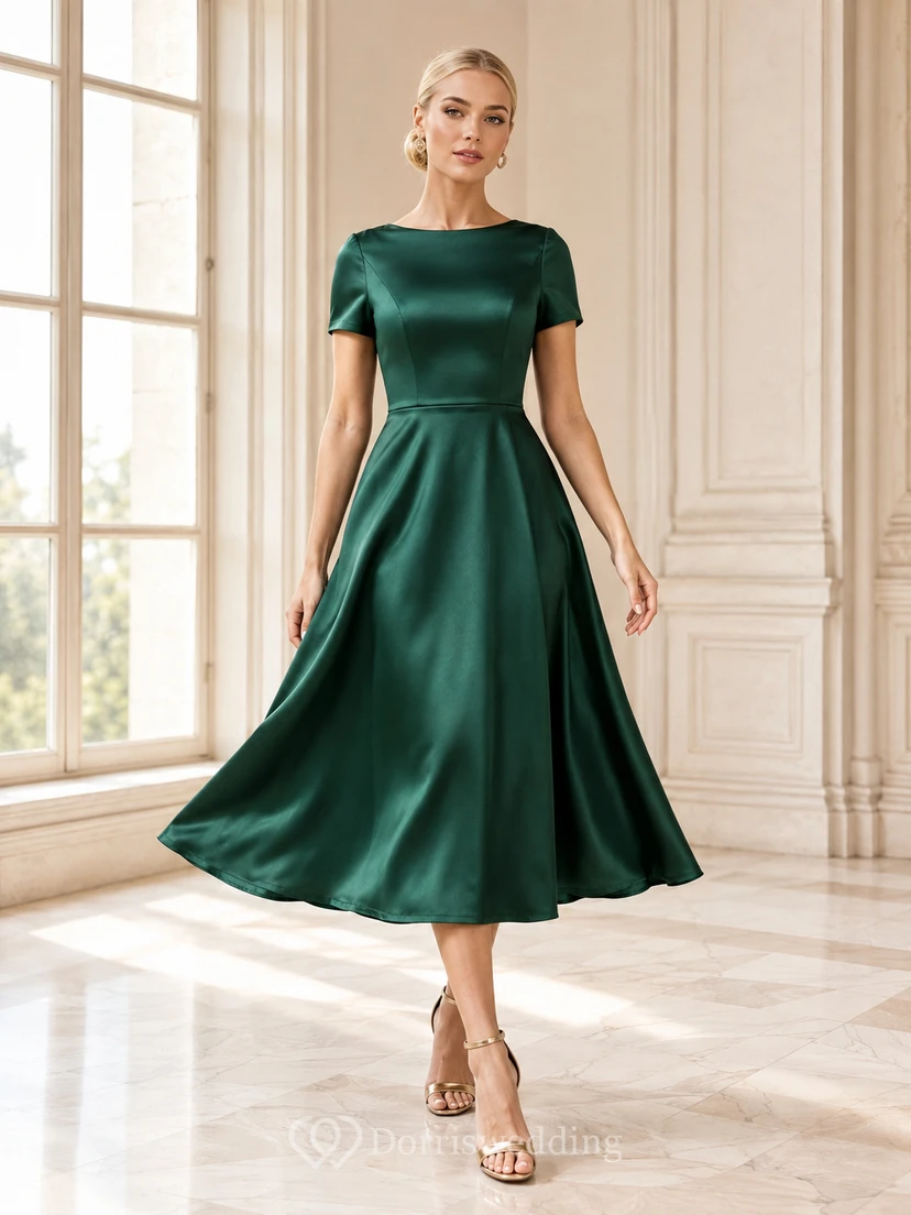 Dunkelgrünes, juwelenfarbenes, kurzärmeliges, plissiertes Vintage-Teegastkleid aus Satin, das an ein Kleid