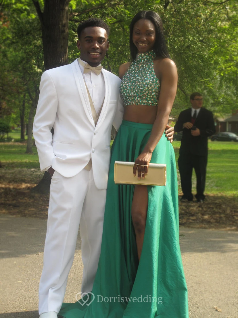 Timeless Two Pieces Crystal Prom Dresses Front Split Long Formal Wear