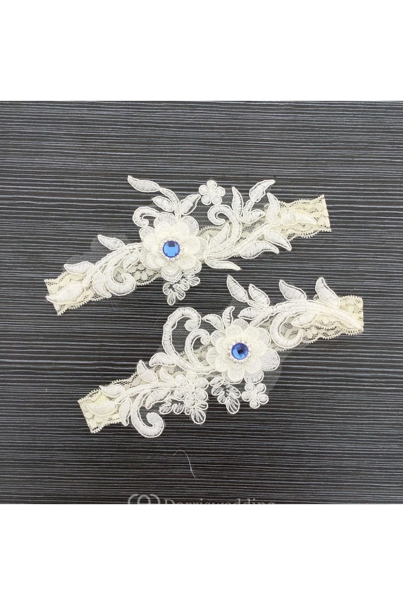 Blue Beaded Lace Applique Elastic Bridal Garter Within 16-23inch view 2