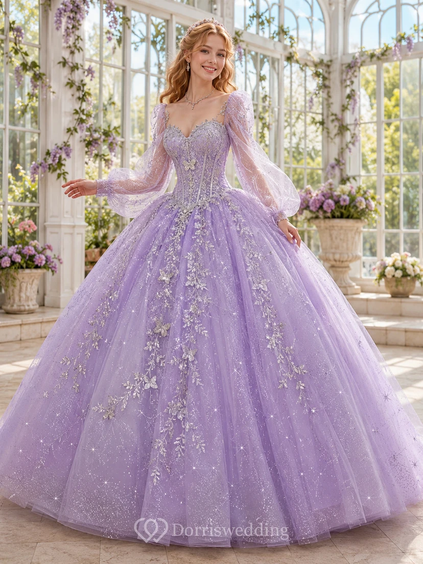 Lilac Silver Luxury Long Puff Sleeve V Neck Glitter Quinceanera Princess Ball Gown