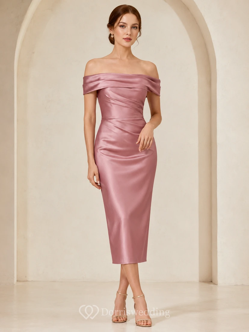 Dusty Rose Off-the-shoulder Silk Satin Midi Dress