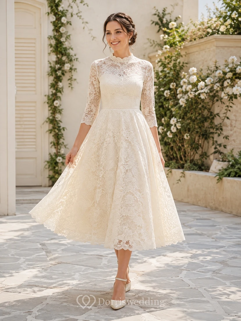 Modest Vintage Three-Quarter Lace Sleeve High Neck Tea-Length A-Line Simple Wedding Dress