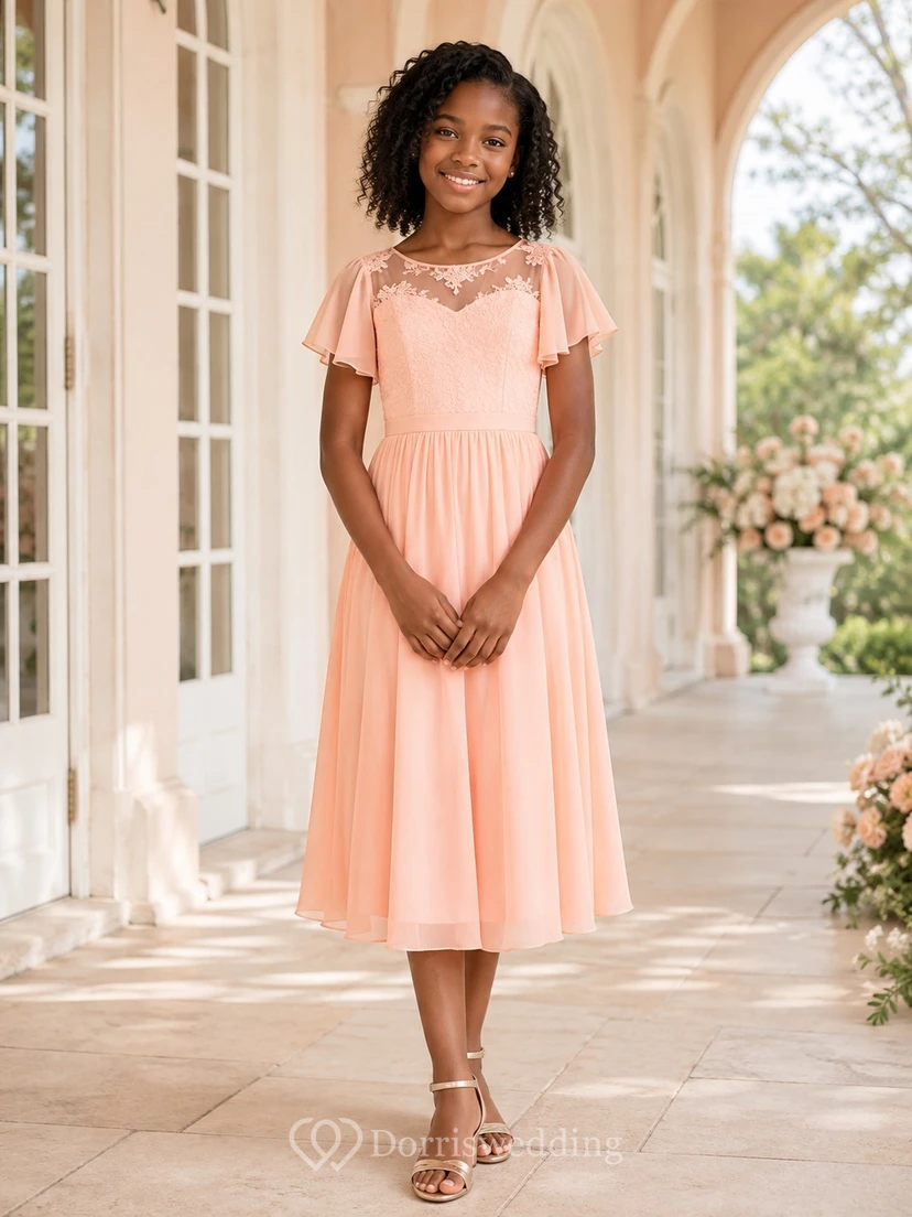 Blushing Pink Junior Bridesmaid Dress A-Line Tea-Length V-Neck Short Sleeve Flutter Detail Romantic