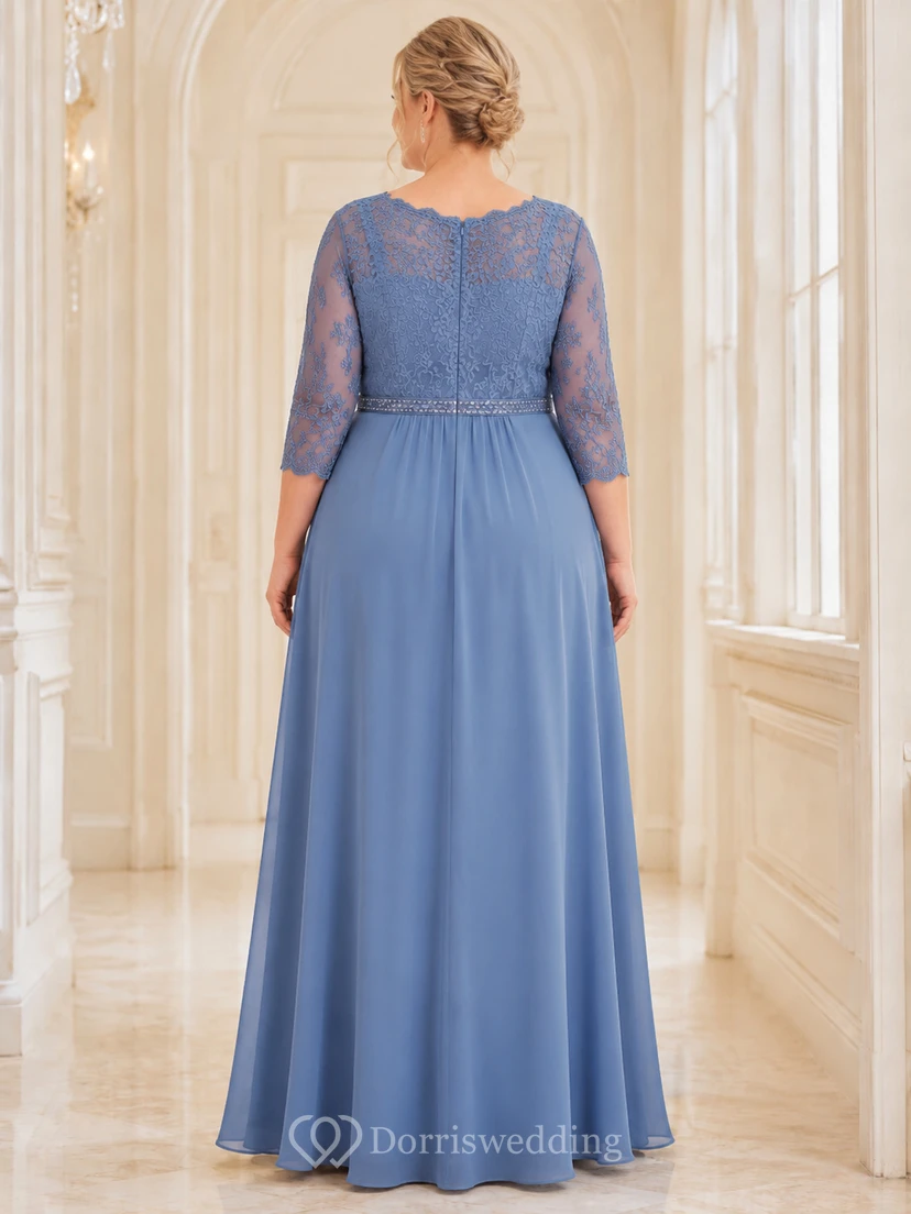 Robe de mariée longue en mousseline bleu acier grande taille, col V, manches trois-quarts en dentelle, col en V, longueur 3/4, longueur 3/4, col en V, manches trois-quarts, longueur 3/4 ... view 2