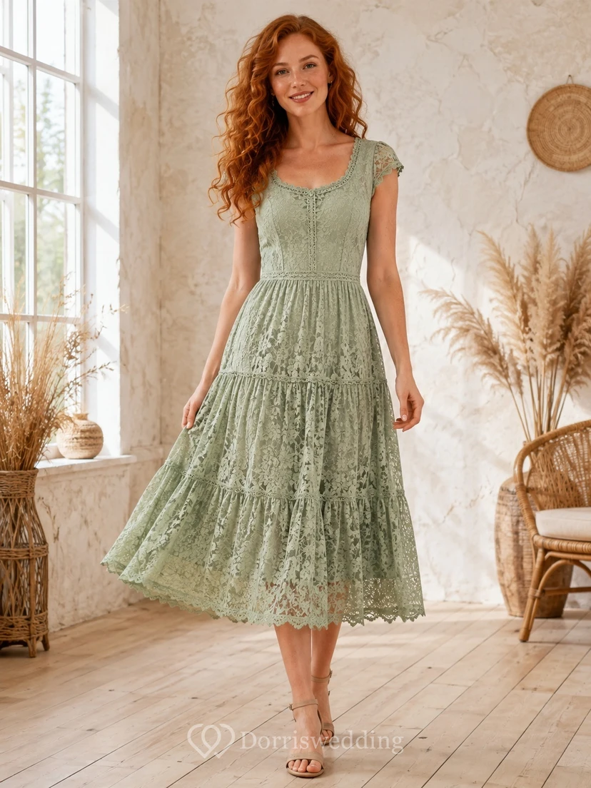 Sage Lace Square Neck Cap Sleeve A-Line Tea-length Bohemian Romantic Garden Elegant Dress