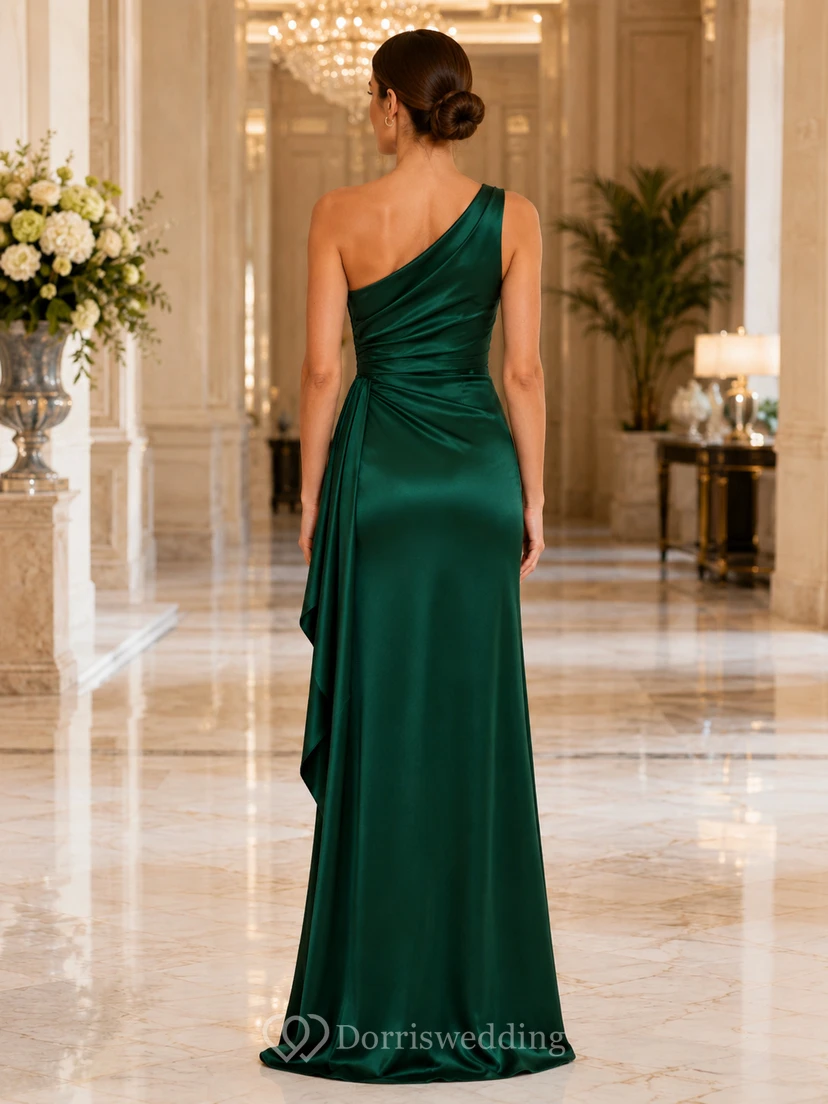 Dark Green Formal Black Tie Wedding Guest Bridesmaid Evening Formal Dress Sheath Floor-Length One-Shoulder Sleeveless Satin Ruched Zipper Back view 2