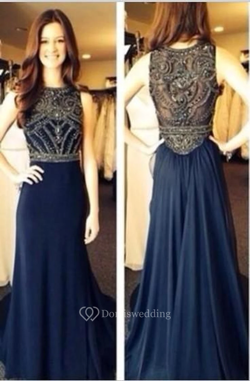 Sexy Sleeveless Navy Prom Dresses Floor Length Chiffon Top Sheer Party Gowns With Beaded Rhinestones