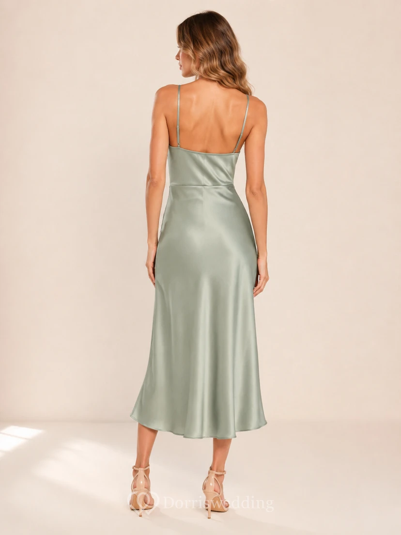 Sage cowl neck spaghetti strap slit tea length cocktail dress view 2
