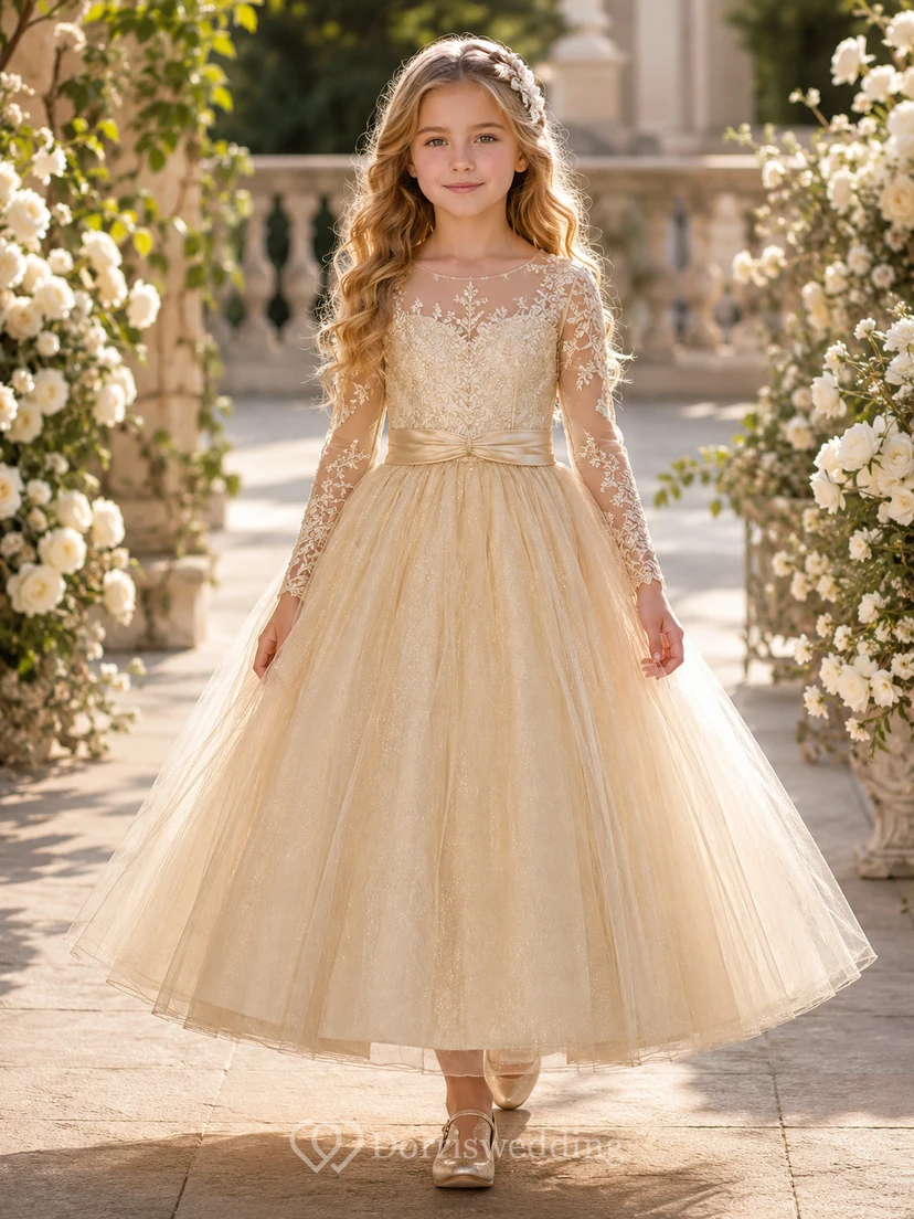 Flower Girl Dress Champagne Lace Tulle A-Line Long Sleeve Jewel Neck Floor Length