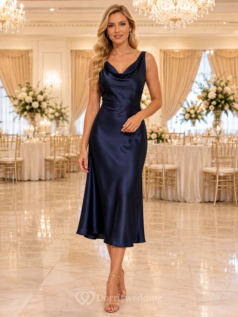 Vestido midi de satén azul marino sin mangas con cuello drapeado, estilo tubo, ideal para banquetes.