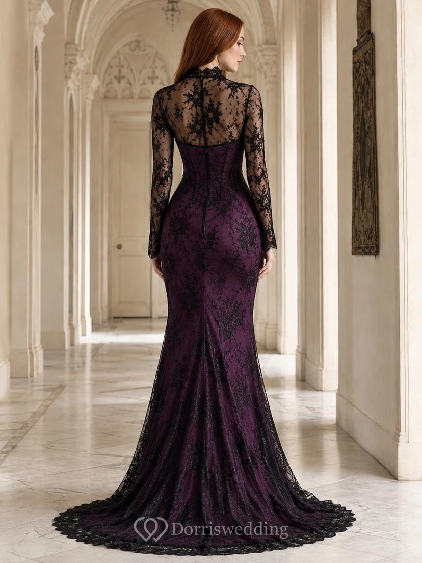 Burgunderrotes schwarzes Meerjungfrauenkleid mit hohem Kragen, langen Ärmeln und Schleppe aus Spitze view 2