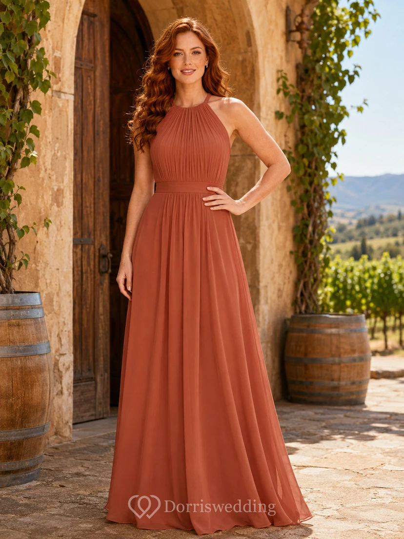 Terracotta Chiffon A-Line Halter High Neck Sleeveless Pleated Open Back Floor-Length Bridesmaid Dress