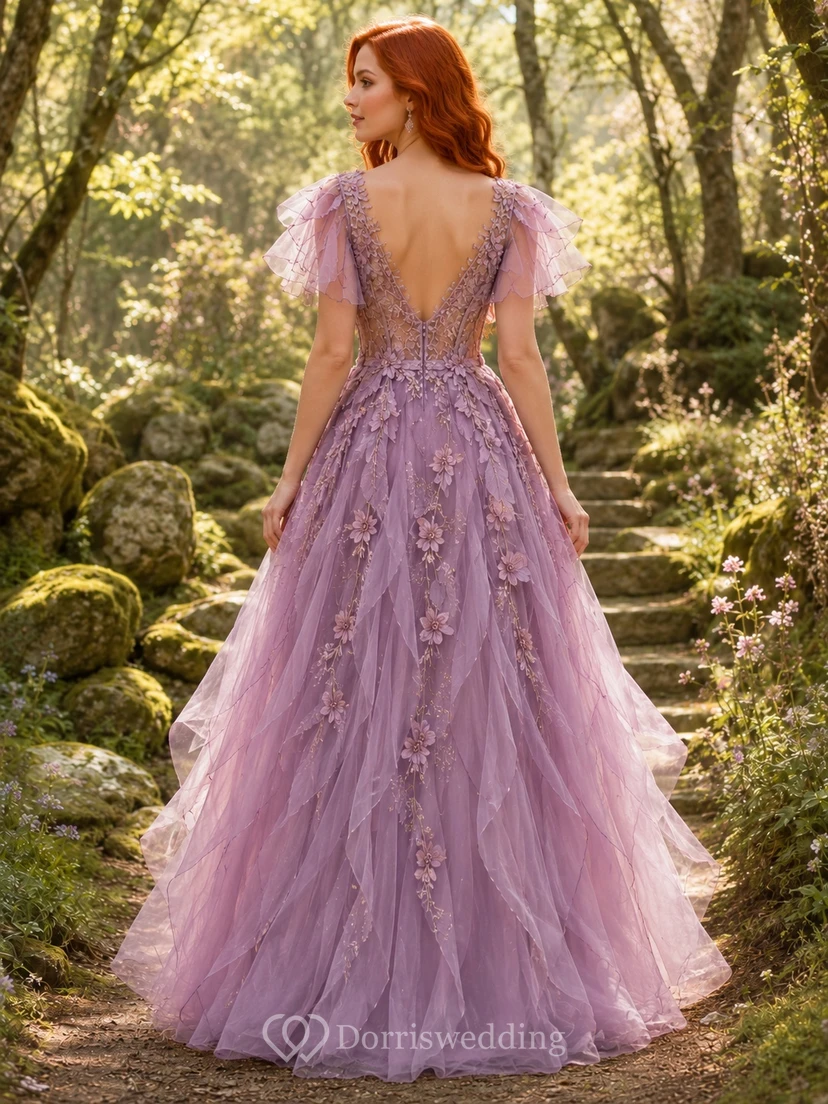 Wisteria Floral Applique V-Neck Puff Sleeve Tulle Ball Gown Floor Length Fantasy Dress view 2