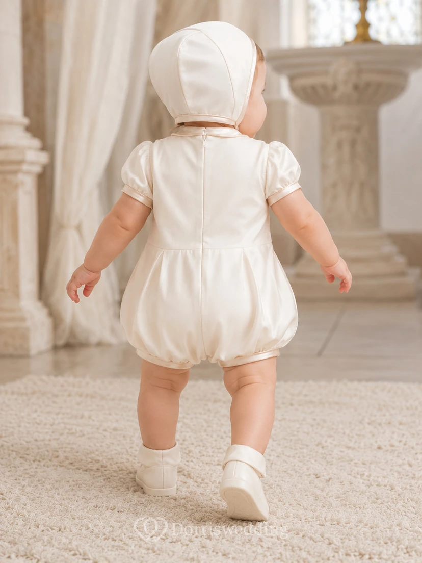 Eleganter elfenbeinfarbener Baby-Taufstrampler mit kurzen Puffärmeln und Stickerei view 2