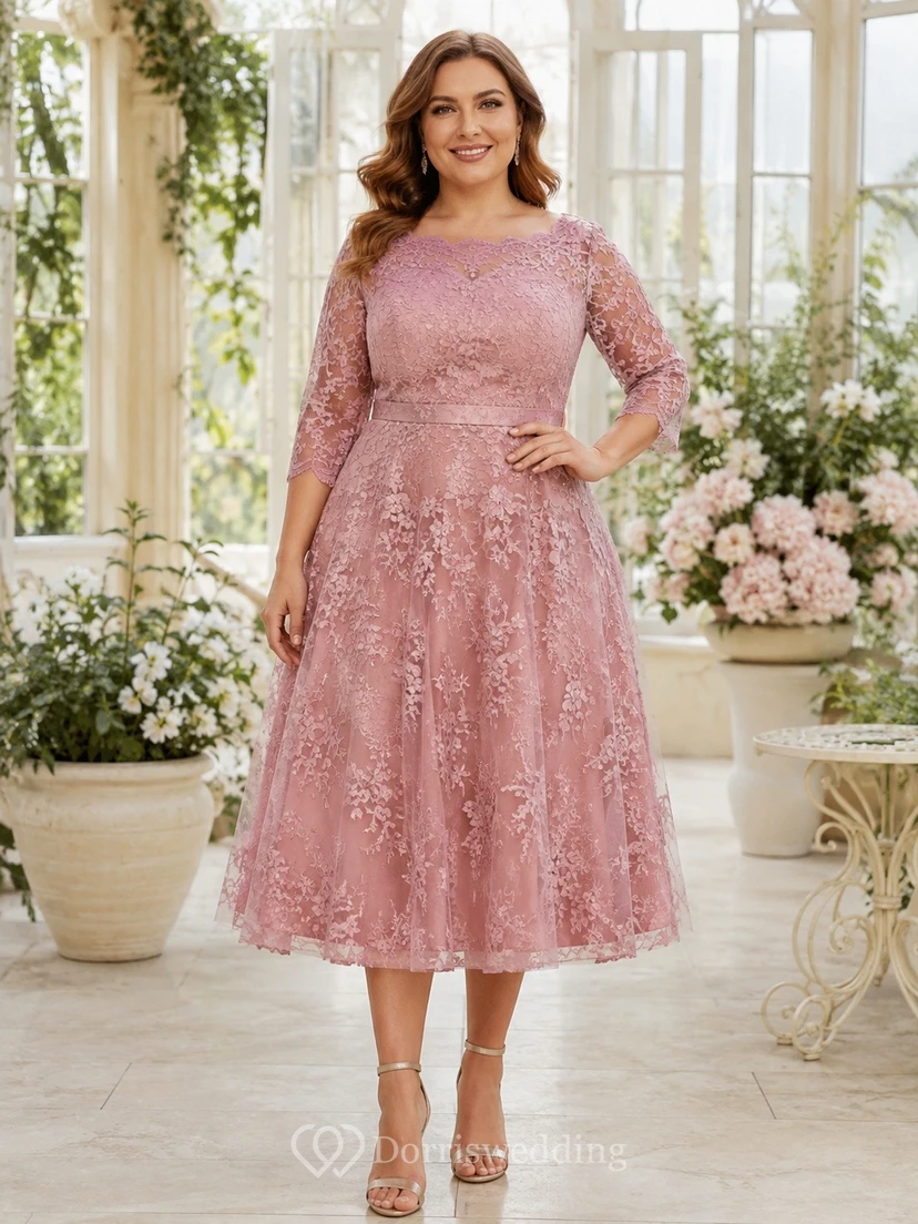 Plus Size Teelänge, dezentes Dreiviertelärmel-Spitzenkleid in A-Linie