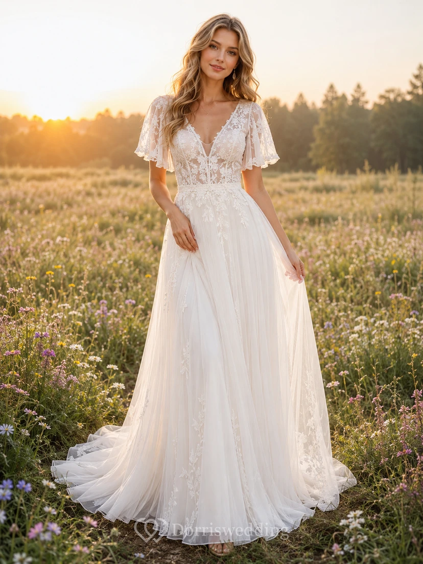 Flutter Sleeve Lace Bodice Wildflower Meadow Bridal Gown